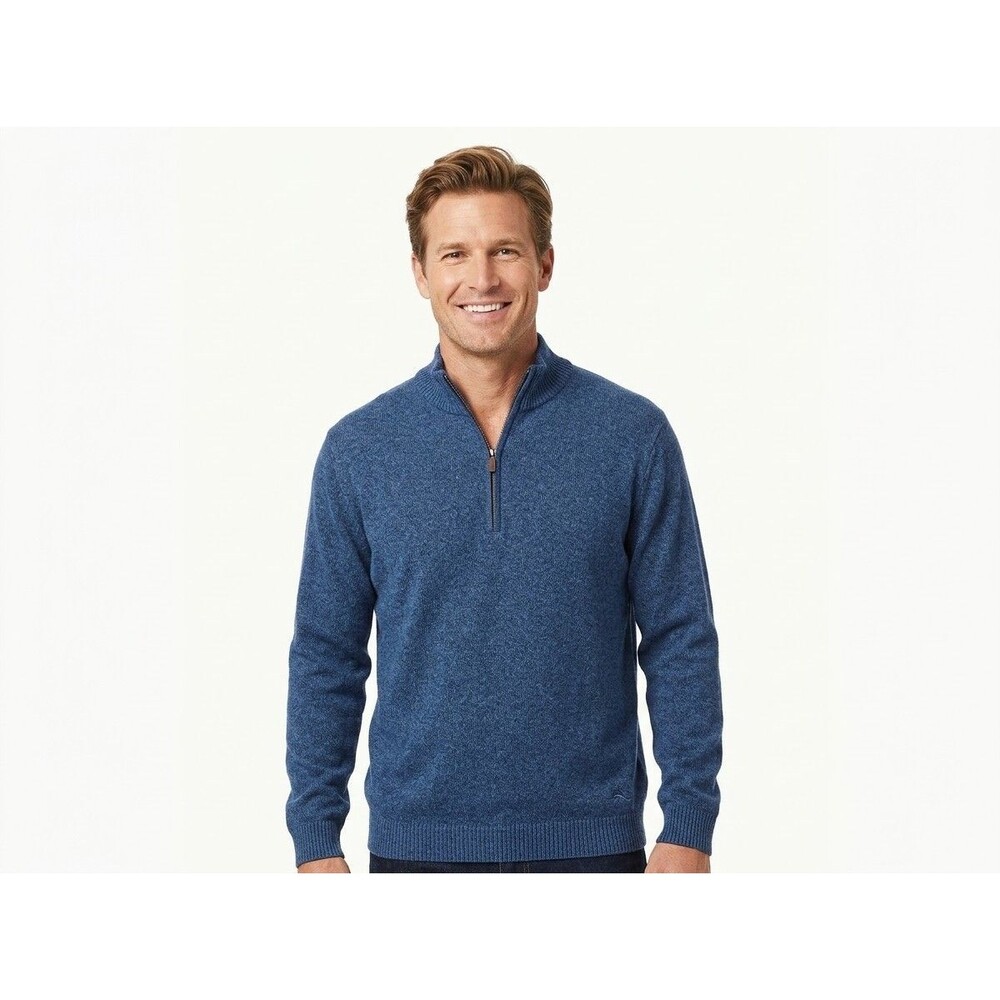 Tommy Bahama Mens XL Sweater Blue Merino Wool Silk Blend Quarter Zip Pullover